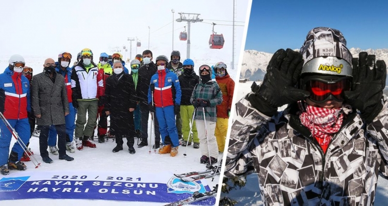 В Турции начался горнолыжный сезон: лыжники катаются в масках